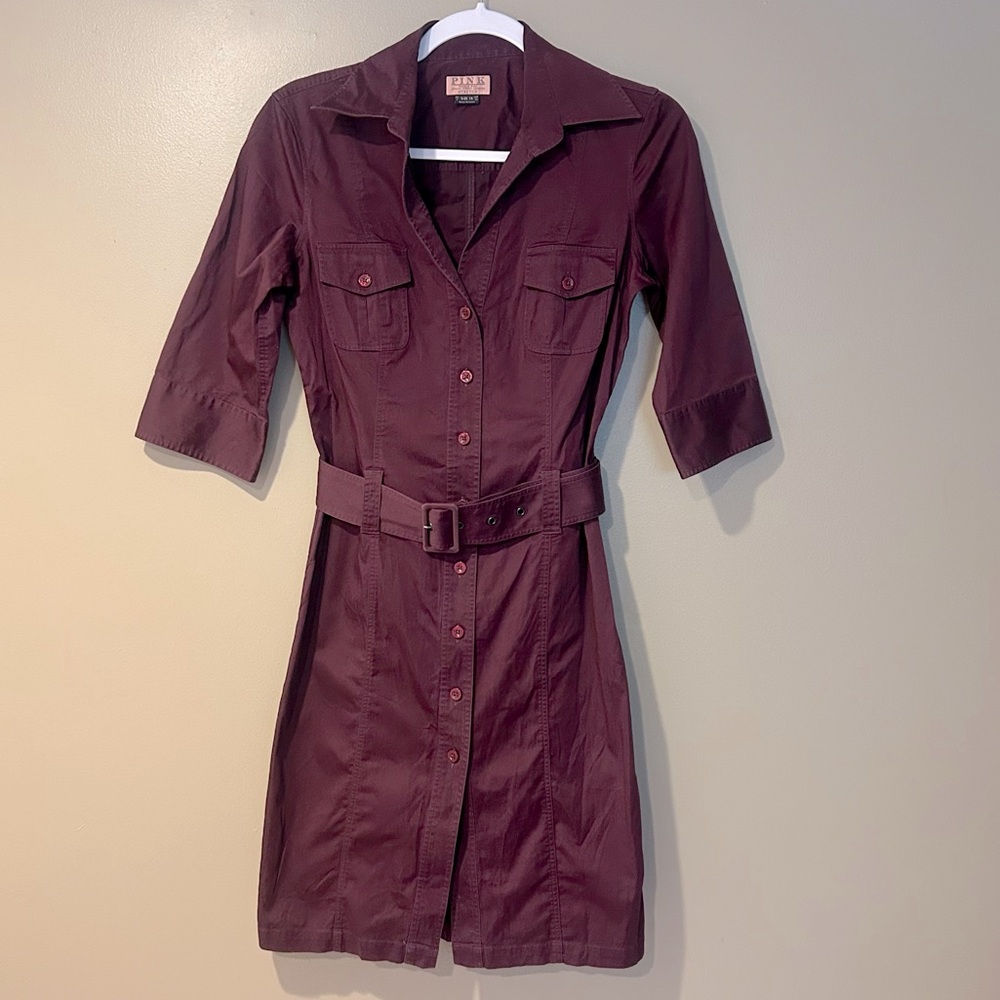 cotton Burgundy belted Shirt Dress structured maroon fitted office siren chic